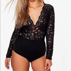 Boohoo Lucia Plunge V Neck Lace Bodysuit
